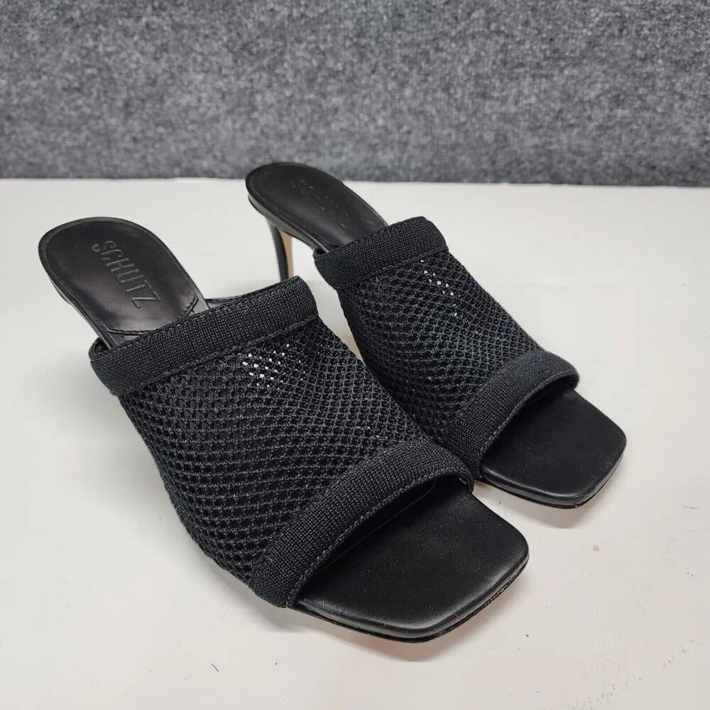 Schutz Sinara True Black Strap Slip On Open Toe Stiletto Mid Heeled‎ Sandals 7B